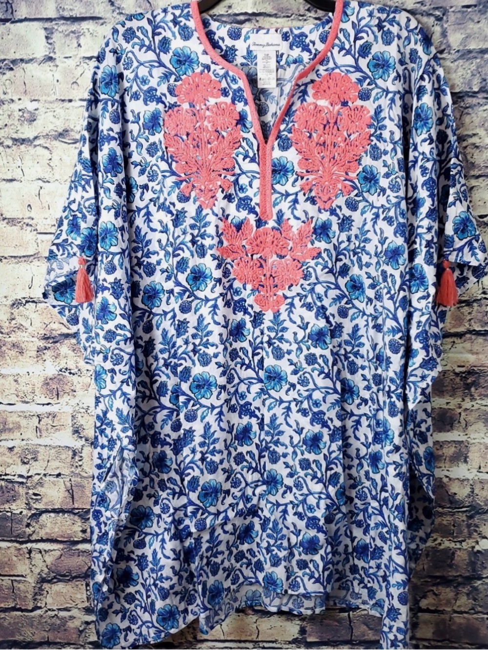 Tommy Bahama Blue Floral Beach Cover Up Tunic with Coral Embroidery